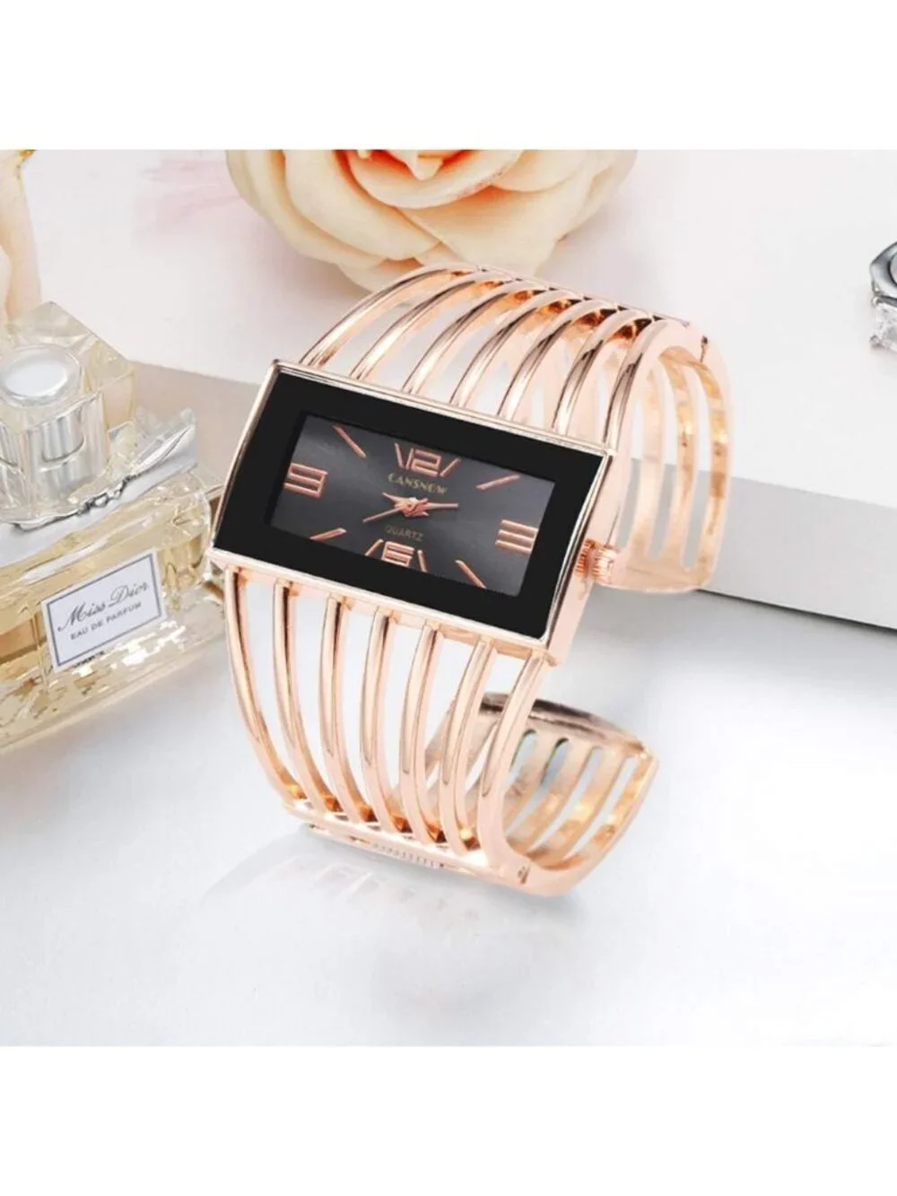Women's Rose Gold Analog Quartz Rectangular Hollow Luxury Cuff Bracelet Watch